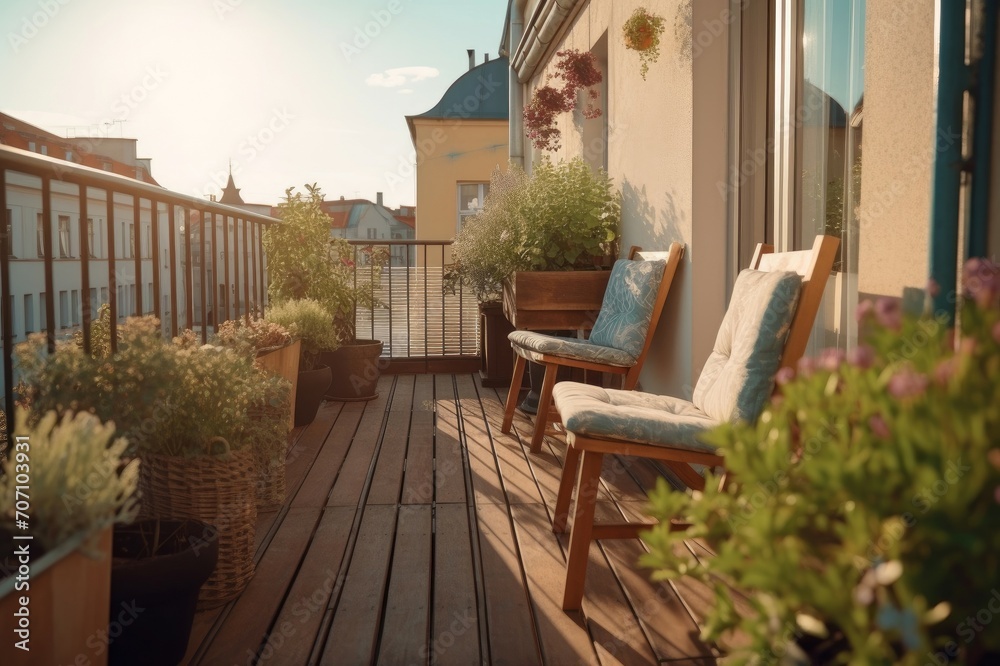Balcony terrace with chairs and natural decoration in the morning sunlit. Residence outdoor leisure area with vegetation. Generate ai