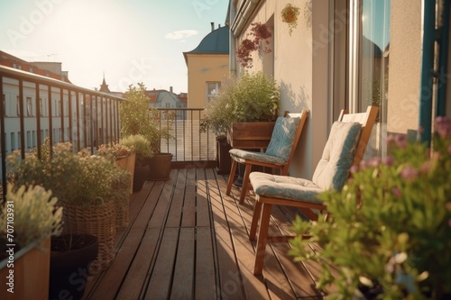 Balcony terrace with chairs and natural decoration in the morning sunlit. Residence outdoor leisure area with vegetation. Generate ai