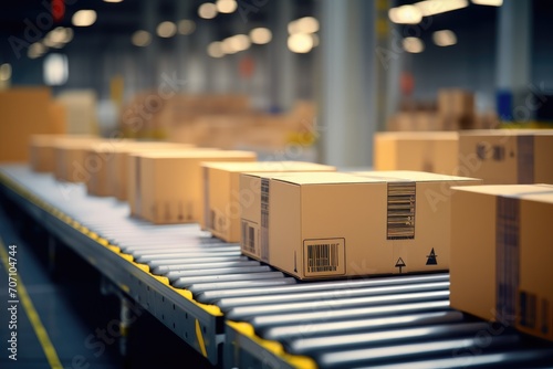 Multiple cardboard packages moving on a conveyor belt in a warehouse fulfillment center. Warehouse logistics and e-commerce delivery concepts.