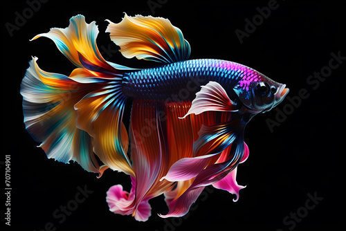 Colorful Siamese fighting fish or betta fish in motion isolated on black background.