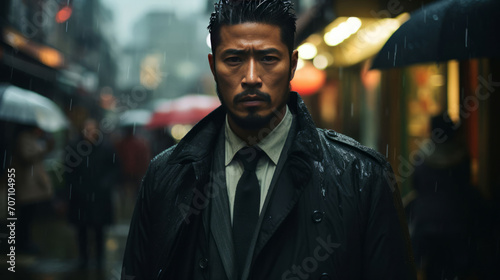 Asian man, night and mafia with city street, spy and mysterious in rain. Serious, looking and rain with male wearing business suit for gangster, profit and asset for protective services and bodyguar