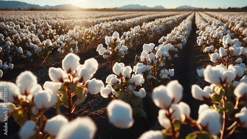 Rows of pima cotton plants on a field farm from Generative AI photo