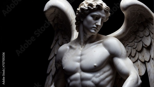 Marble male angel statue on a plain black background from Generative AI