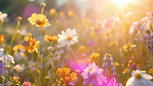 Spring wildflower field in beautiful sunlight. Slow motion movie showing a field of pretty wild flowers gently swaying in the breeze focusing on the poppies and cornflowers in the foreground. A stunni
