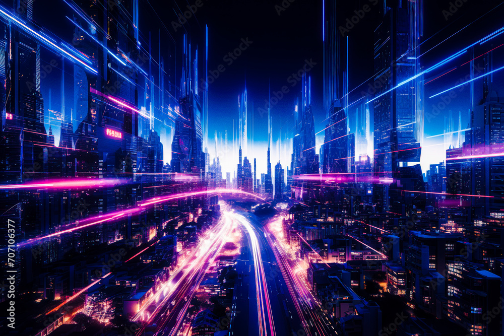 Futuristic cityscape of the Metaverse with skyscrapers, neon lights, and virtual modes of transportation with light trails.