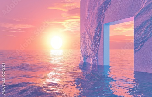 a surreal door on a calm sea ,calm and queit punk purple color sunset