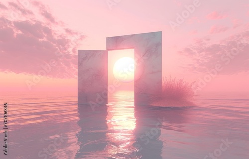 a surreal door on the sea sunset, magical dreamy illustration