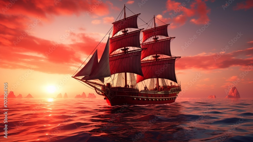 Ship with scarlet sails sunset converter photography image Ai generated art