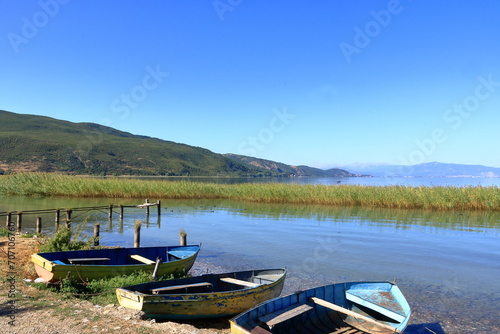 Fototapeta Naklejka Na Ścianę i Meble -  view of Lake Ohrid with fisherman boats near Lin, Albania