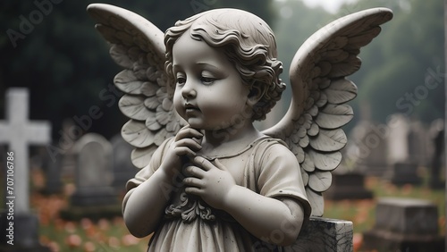 Cherub angel statue in cemetery background from Generative AI photo