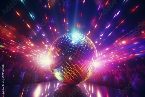 A colorful disco ball with bright rays, a night party or a disco. 