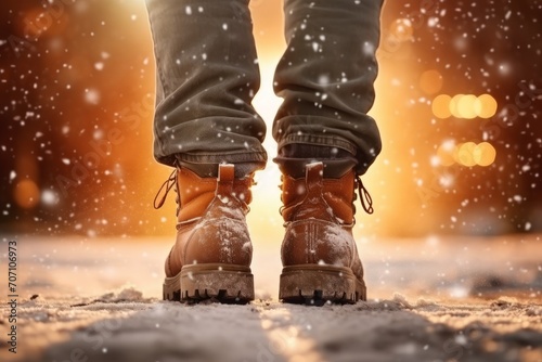 Close-up of men's leather shoes on a snowy street with falling snowflakes at sunset.