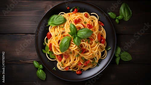 Plate of Italian spaghetti delicious with basil garnish and herbs on black wooden board background, on dark wood table counter, top down view