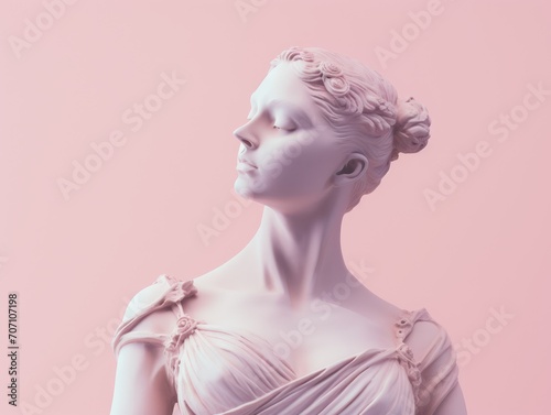 Statue in profile in minimalistic modern trendy style. Greek Sculpture of Woman face on pink pastel y2k background. Antique beautiful female goddess with close eyes