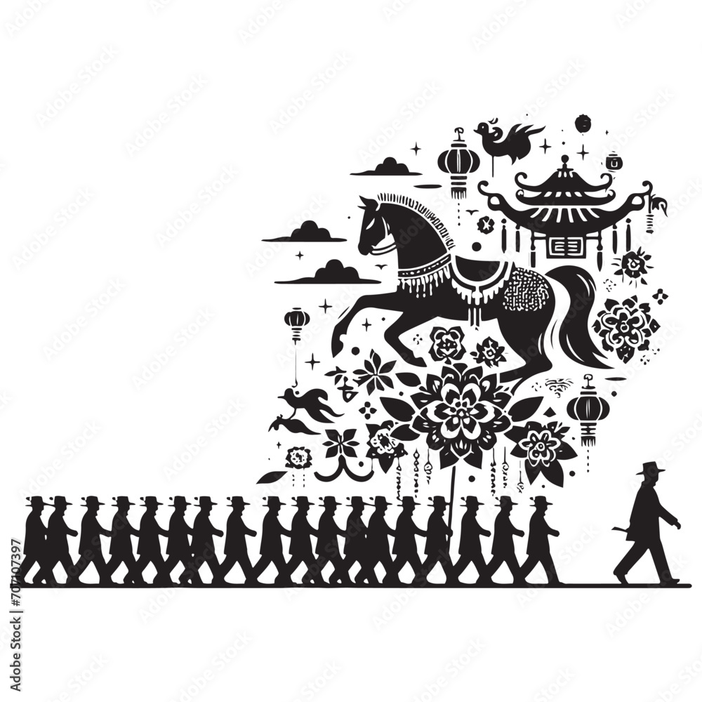 Fototapeta premium A Symphony of Tradition: Captivating Chinese Parade Silhouette Stock Perfect for New Year Celebrations - Chinese Parade Silhouette - Chinese New Year Silhouette - Chinese Parade Vector Stock 