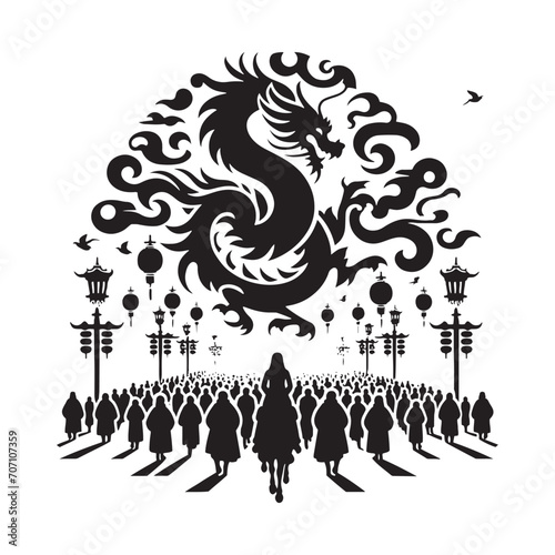 Traditional Grandeur Redefined: Awe-Inspiring Chinese Parade Silhouette Stock Series Tailored for Stock Art Lovers - Chinese Parade Silhouette - Chinese New Year Silhouette - Chinese Parade Vector