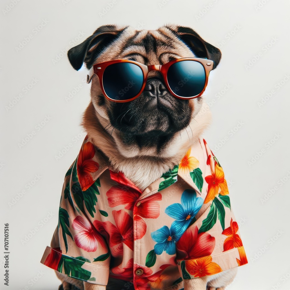 dog wearing sunglasses tropical vibe
