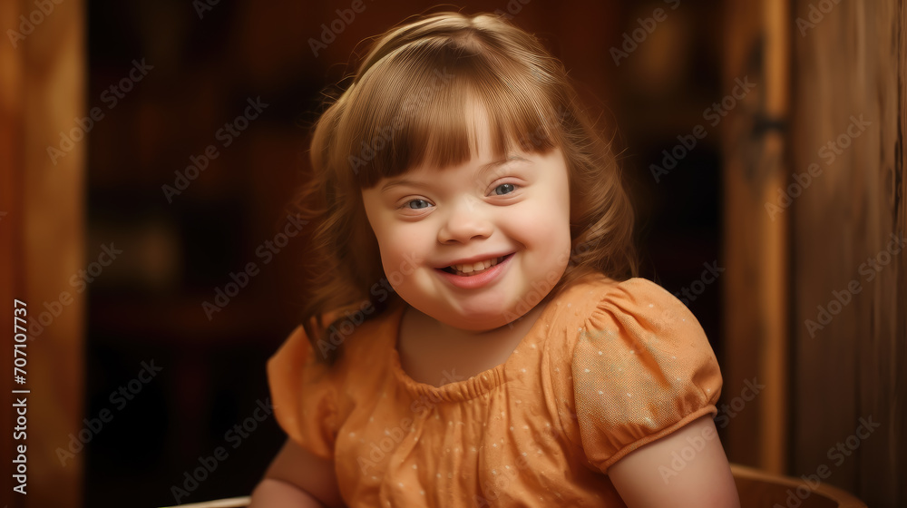 little cute girl with down syndrome in dress in a room, smiling child, person with special needs, kid, toddler, childhood, chromosomal disease, disability, studio portrait, March 21, Down's day little cute girl with down syndrome in dress in a room, smiling child, person with special needs, kid, toddler, childhood, chromosomal disease, disability, studio portrait, March 21, Down's day