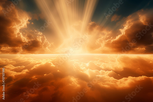 Heavenly rays of light in the clouds. Dreamy inspiring hope concept. Sun rays from heaven. Blessed light. 