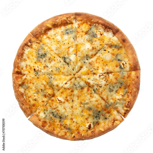 Pizza Quattro Formaggi, four cheese pizza isolated on white background. Top view.
