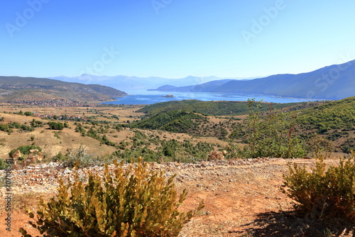 Albania- Prespa National Park- Lake Prespa with Maligrad Island - Greece and Macedonia in the background