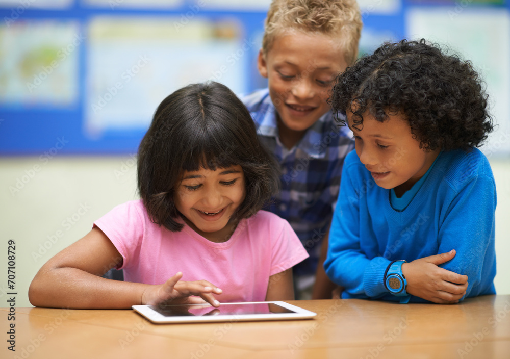 Students, children on tablet and school for online education, e learning and website or information in group. Happy kids in diversity with digital technology for knowledge and classroom development Students, children on tablet and school for online education, e learning and website or information in group. Happy kids in diversity with digital technology for knowledge and classroom development