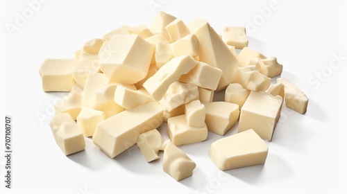 Isolated white chocolate chunks against a white backdrop. upper view