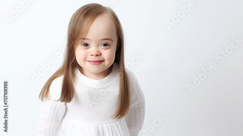 little cute girl with down syndrome in casual clothes on a white background, smiling child, person with special needs, kid, toddler, childhood, chromosomal disease, disability, studio portrait