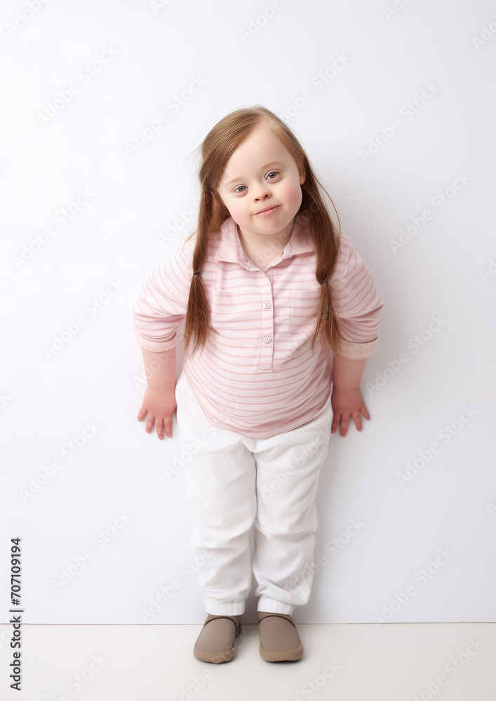 little cute girl with down syndrome in casual clothes on a white background, smiling child, person with special needs, kid, toddler, childhood, chromosomal disease, disability, studio portrait