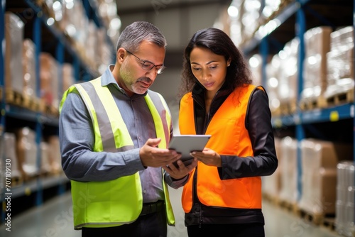 Two diverse employees are looking at a tablet while working at a large warehouse. Multiethnic woman and a man are using tablet at a logistics center.