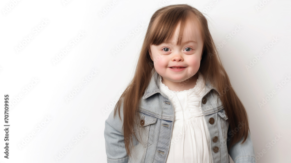 little cute girl with down syndrome in casual clothes on a white background, smiling child, person with special needs, kid, toddler, childhood, chromosomal disease, disability, studio portrait little cute girl with down syndrome in casual clothes on a white background, smiling child, person with special needs, kid, toddler, childhood, chromosomal disease, disability, studio portrait
