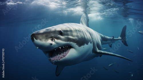 A great white shark swims beneath the surface of the water with its head above the water's surface, while another shark swims away from the camera, Great white shark underwater, Ai generated image