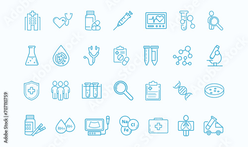 Clinical trials, medicine, pharmacology, health care line icon set in blue. Cardiogram, ultrasound, stethoscope, heart, blood, Rh, syringe, micronutrients, genetic test vector illustration.