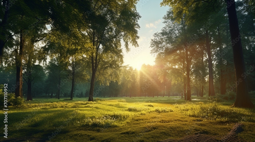 lovely dawntime panorama of the sun, the woodland, and the field. Sunlight filters through trees. all-around view