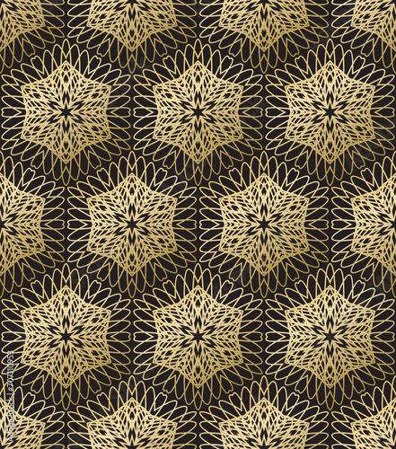 Seamless pattern with golden hexagonal ornament on black background. Template for design in glamorous style.