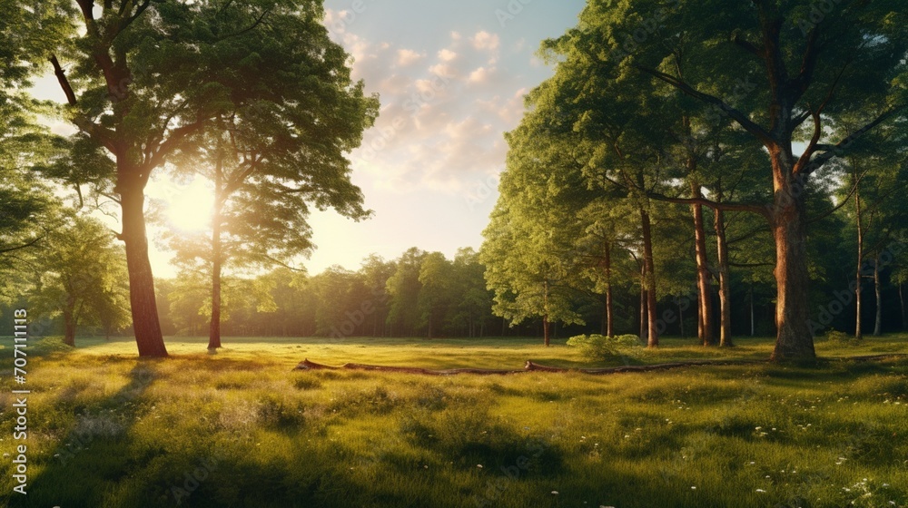 lovely dawntime panorama of the sun, the woodland, and the field. Sunlight filters through trees. all-around view