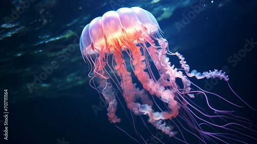 Some jellyfish are swimming underwater in a shallow space, in the style of luminous 3d objects, light magenta, glowing jellyfish chrysaora pacifica underwater, Ai generated image