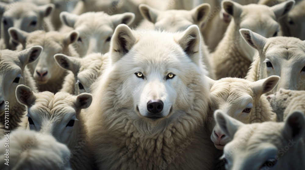The deceptive image of a wolf masquerading as a sheep within a flock, wearing a cunningly crafted wool outfit