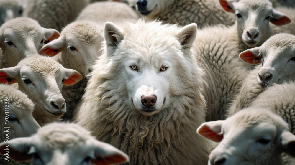 Obraz premium An illustration of a wolf in sheep's clothing, skillfully blending into a group of sheep while dressed in woolen attire