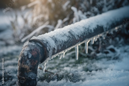 Frozen water pipe. Winter frost ice pipe low temperature. Generate Ai