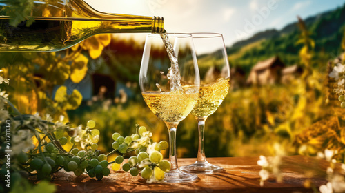 A wine glass being filled with white wine against the backdrop of a sunlit vineyard landscape