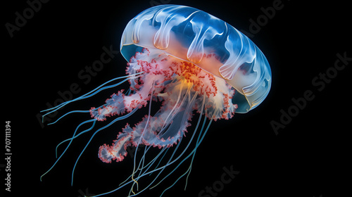 jelly fish in water, Photo of a white jellyfish swimming coral in the background, glowing jellyfish chrysaora pacifica underwater, Ai generated image © FH Multimedia