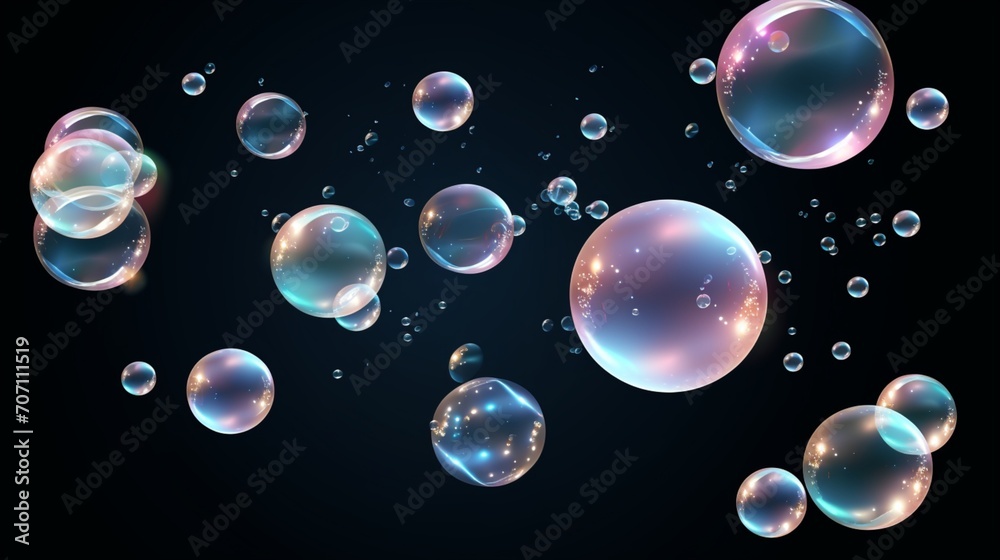 A compilation of authentic soap bubbles. The background is transparent and contains bubbles. Vector jet-powered bubble soap. Burst Bubble Realistic bubbles in water glass