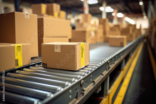 Multiple cardboard packages moving on a conveyor belt in a warehouse fulfillment center. Warehouse logistics and e-commerce delivery concepts.