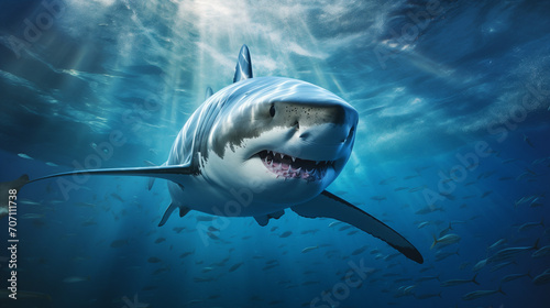 Great White Shark in blue ocean. Underwater photography. Predator hunting near water surface, underwater, Ai generated image © FH Multimedia
