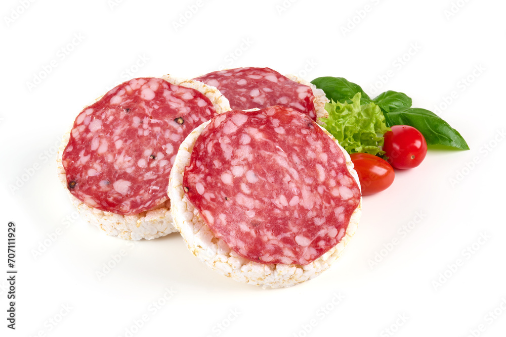 Milano salami sandwich, isolated on white background. High resolution image.
