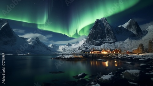 Northern lights and aurora borealis above a mountain near Hamnoy, Lofoten Islands, with a fishing community down the shore
