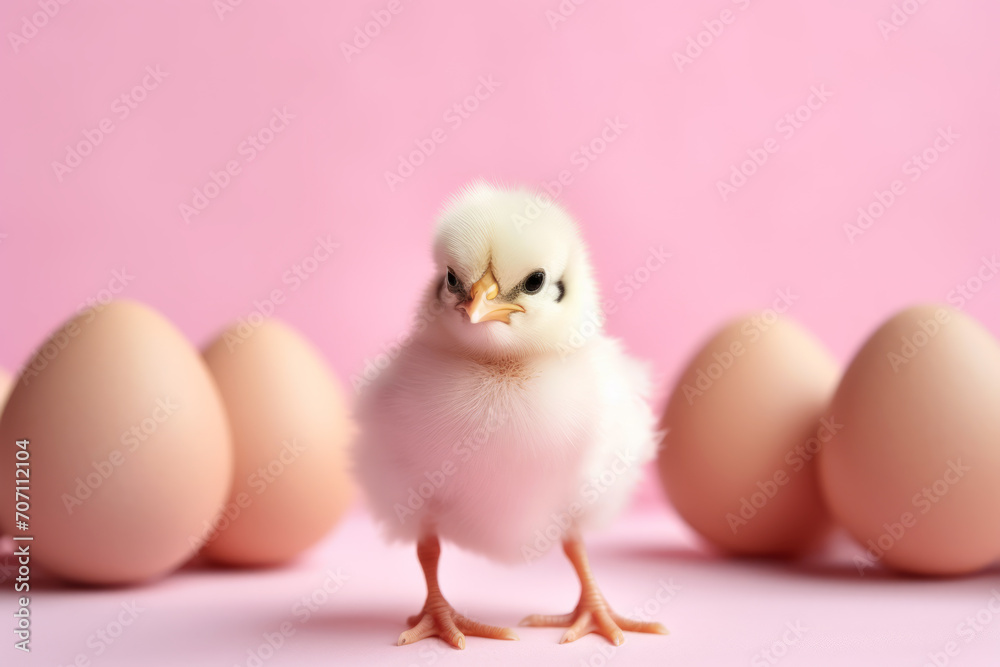 Pollito recién nacido con huevos sin eclosionar alrededor.