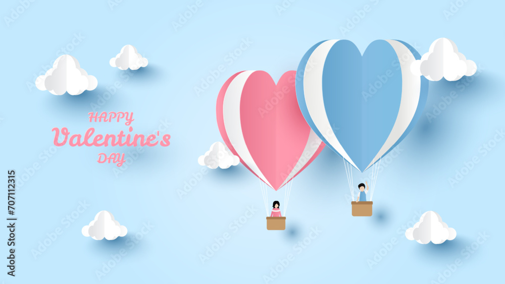 Valentines day background. Heart balloon with young couple on flying over sky. Paper cut and craft style illustration