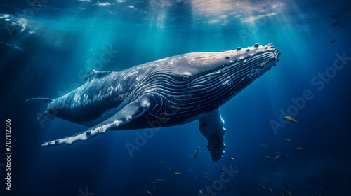 Humpback whale in the blue ocean, under water world, humpback whale underwater, Ai generated image photo